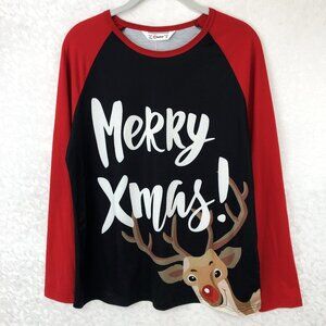 PatPat Red & Black Merry Xmas! Long Sleeve Tee w/Rudolph, the Red-Nosed Reindeer